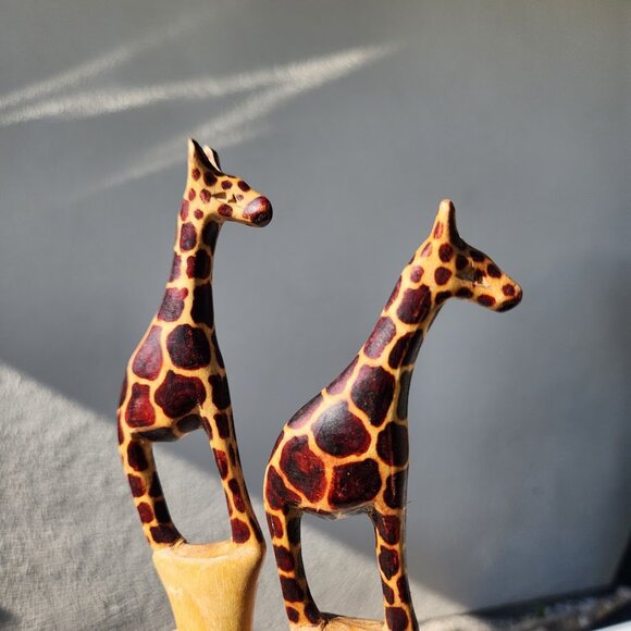 New Hand Carved Wood Giraffe Fork Spoon Serving Set Safari African Folk Art Home - Picture 9 of 13